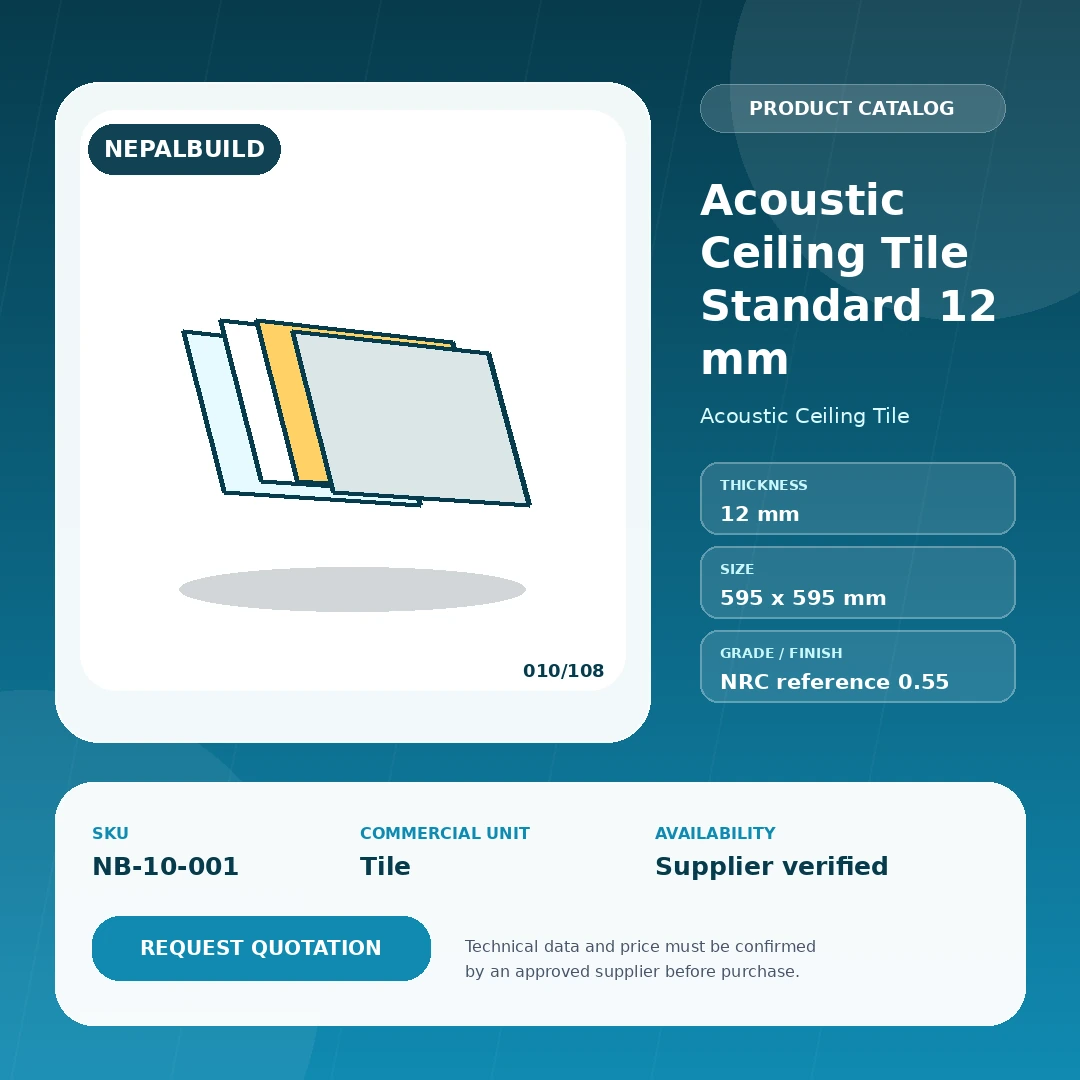 Acoustic Ceiling Tile Standard 12 mm product information card for Nepal construction procurement