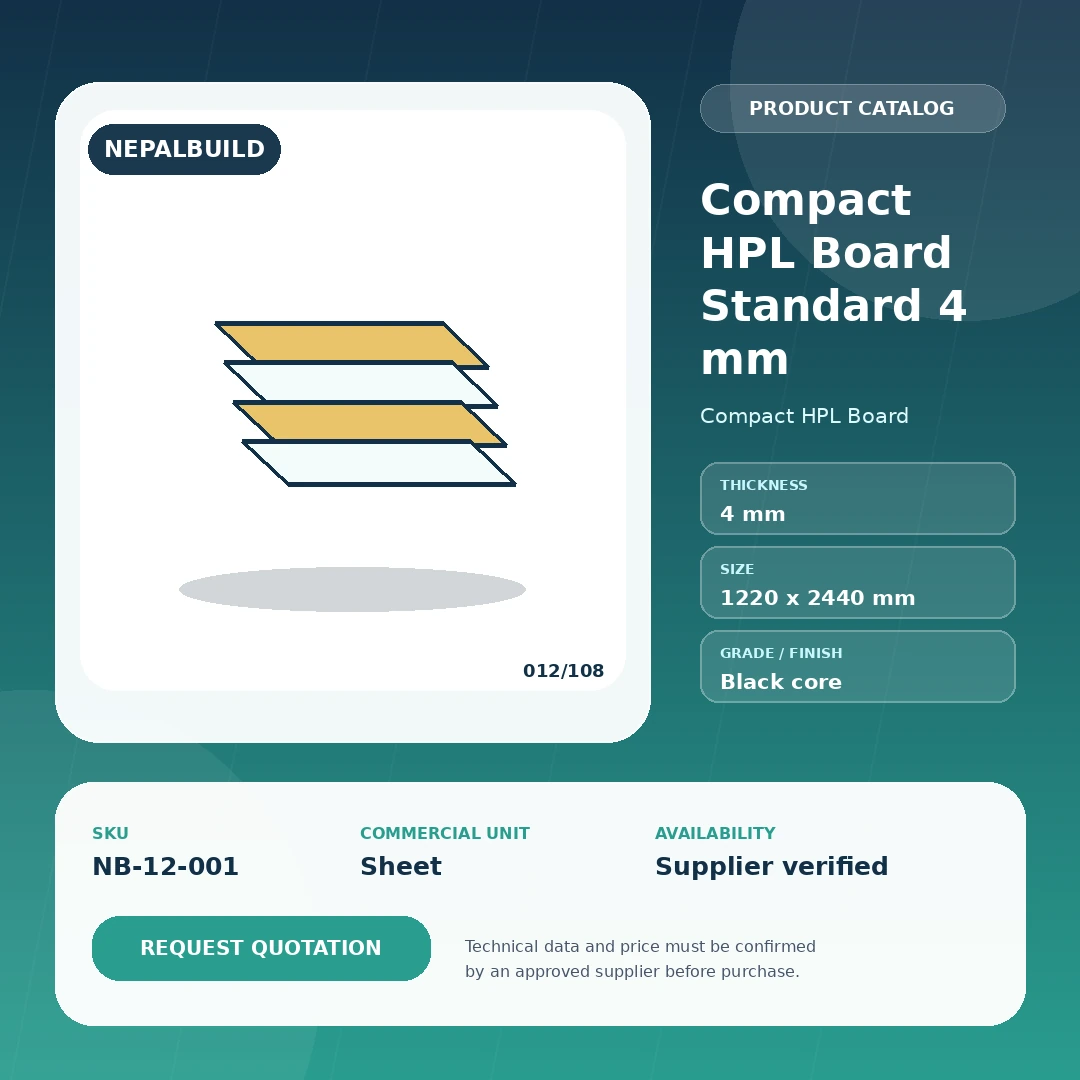 Compact HPL Board Standard 4 mm product information card for Nepal construction procurement