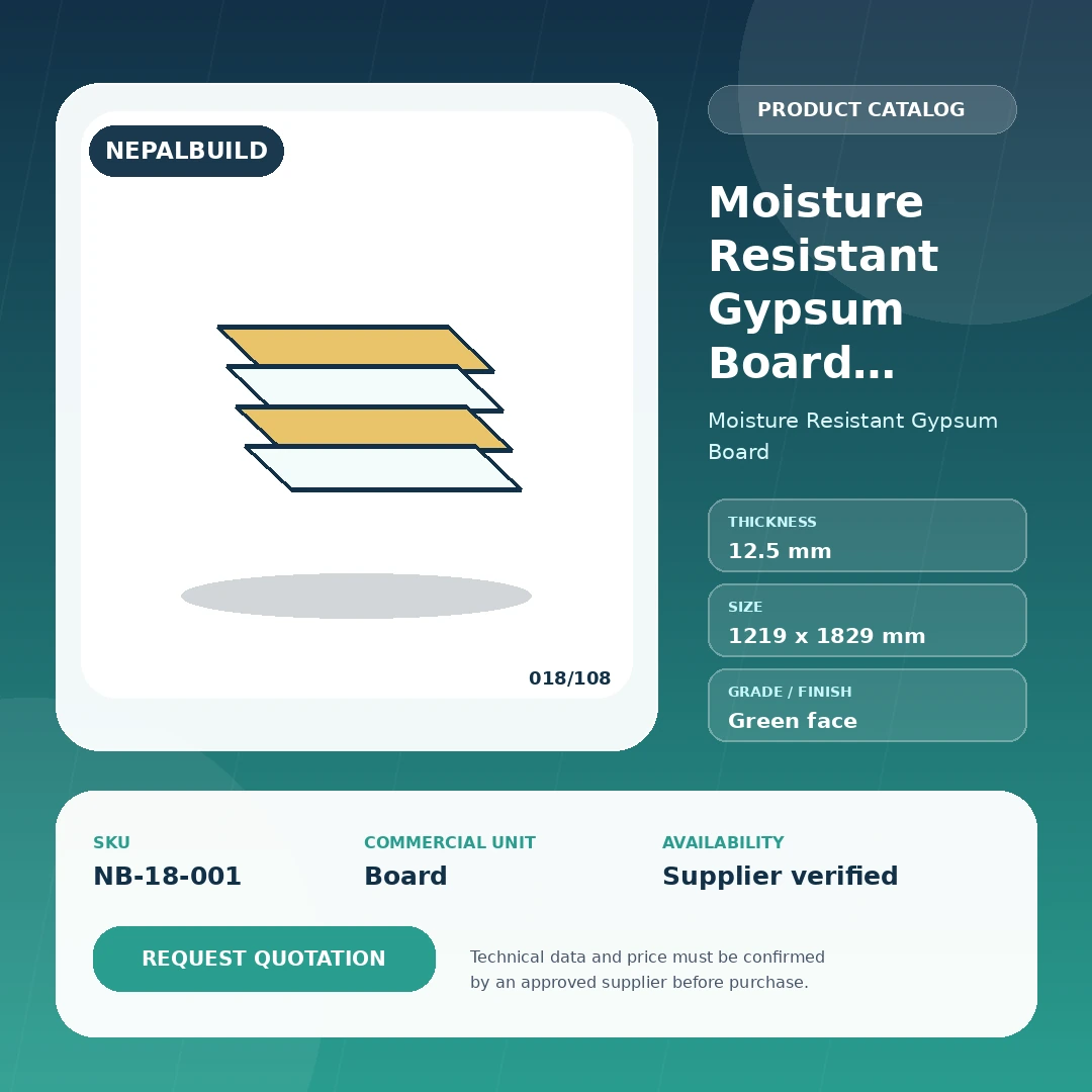 Moisture Resistant Gypsum Board Standard 12.5 mm - NepalBuild Catalog Reference Moisture Resistant Gypsum Board - view 1 | NepalBuild
