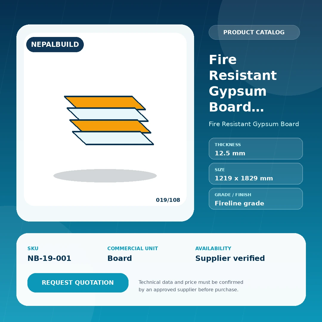 Fire Resistant Gypsum Board Standard 12.5 mm by NepalBuild Catalog Reference, Fire Resistant Gypsum Board construction product