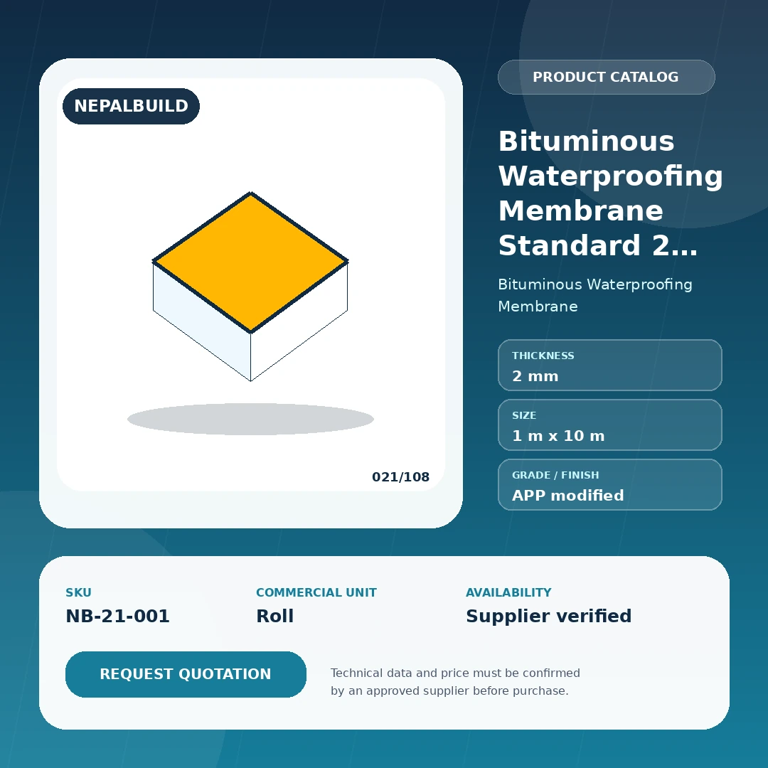 Bituminous Waterproofing Membrane Standard 2 mm product information card for Nepal construction procurement