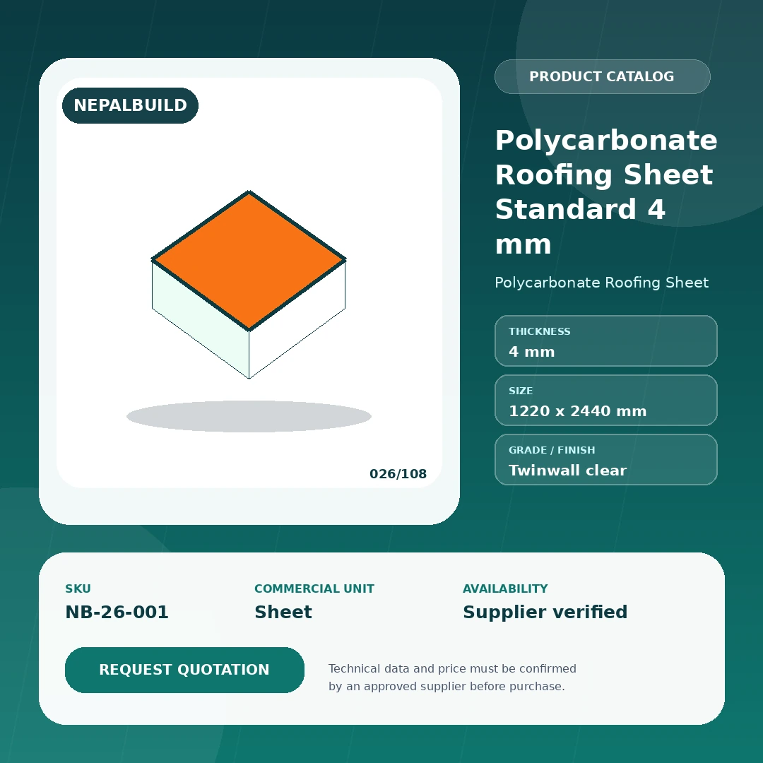 Polycarbonate Roofing Sheet Standard 4 mm product information card for Nepal construction procurement