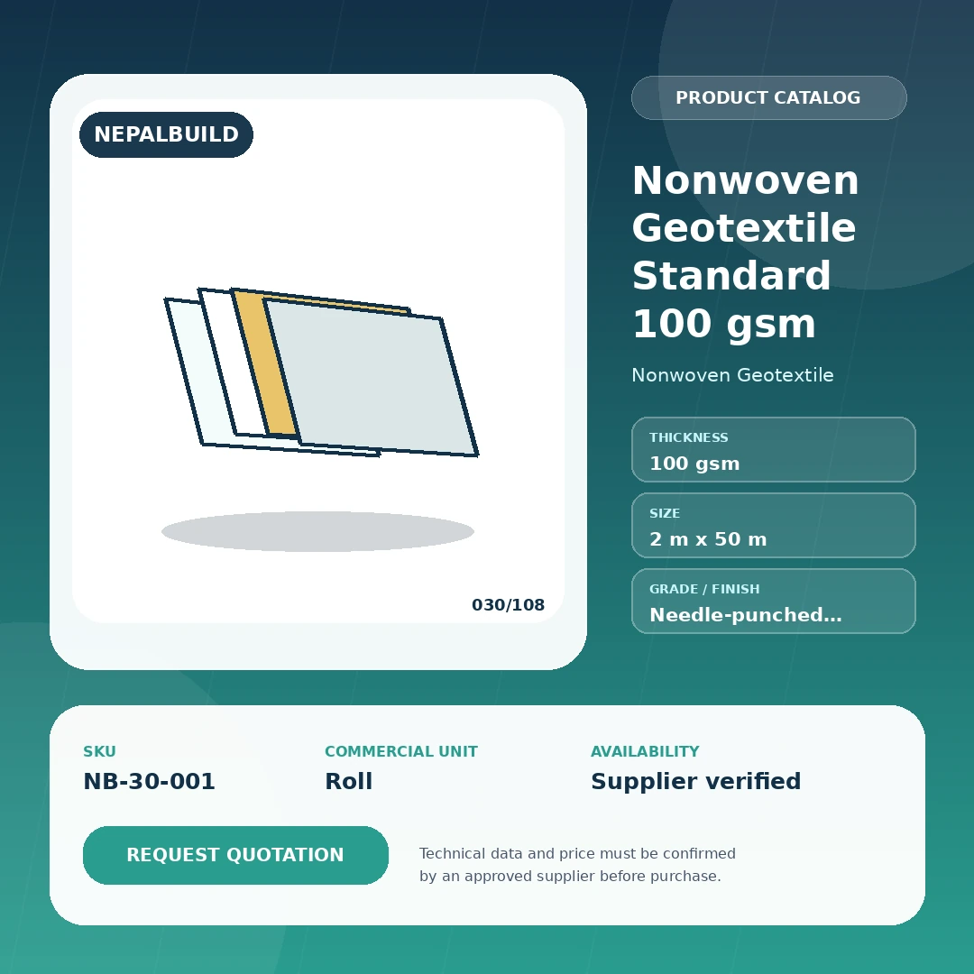 Nonwoven Geotextile Standard 100 gsm product information card for Nepal construction procurement