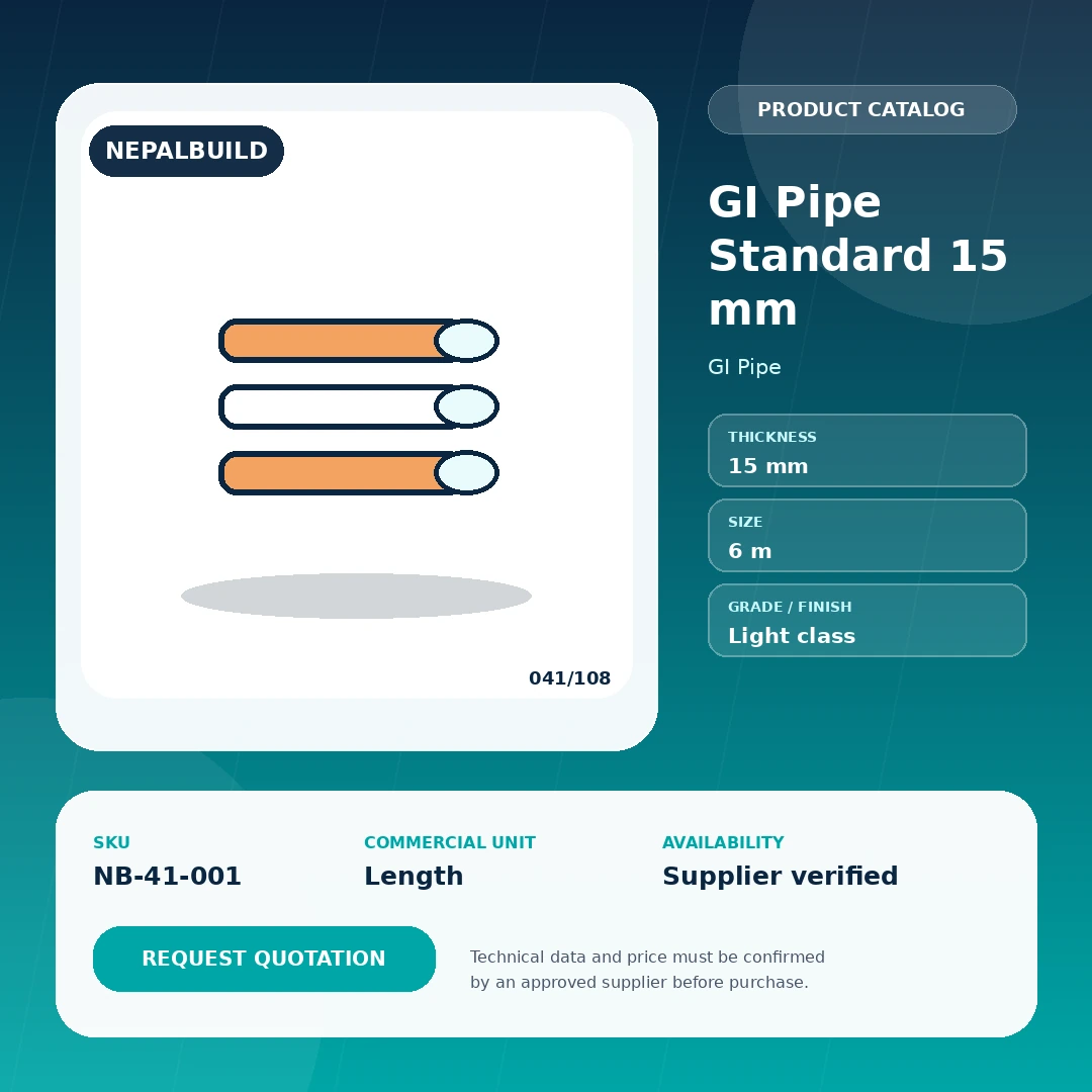 GI Pipe Standard 15 mm product information card for Nepal construction procurement