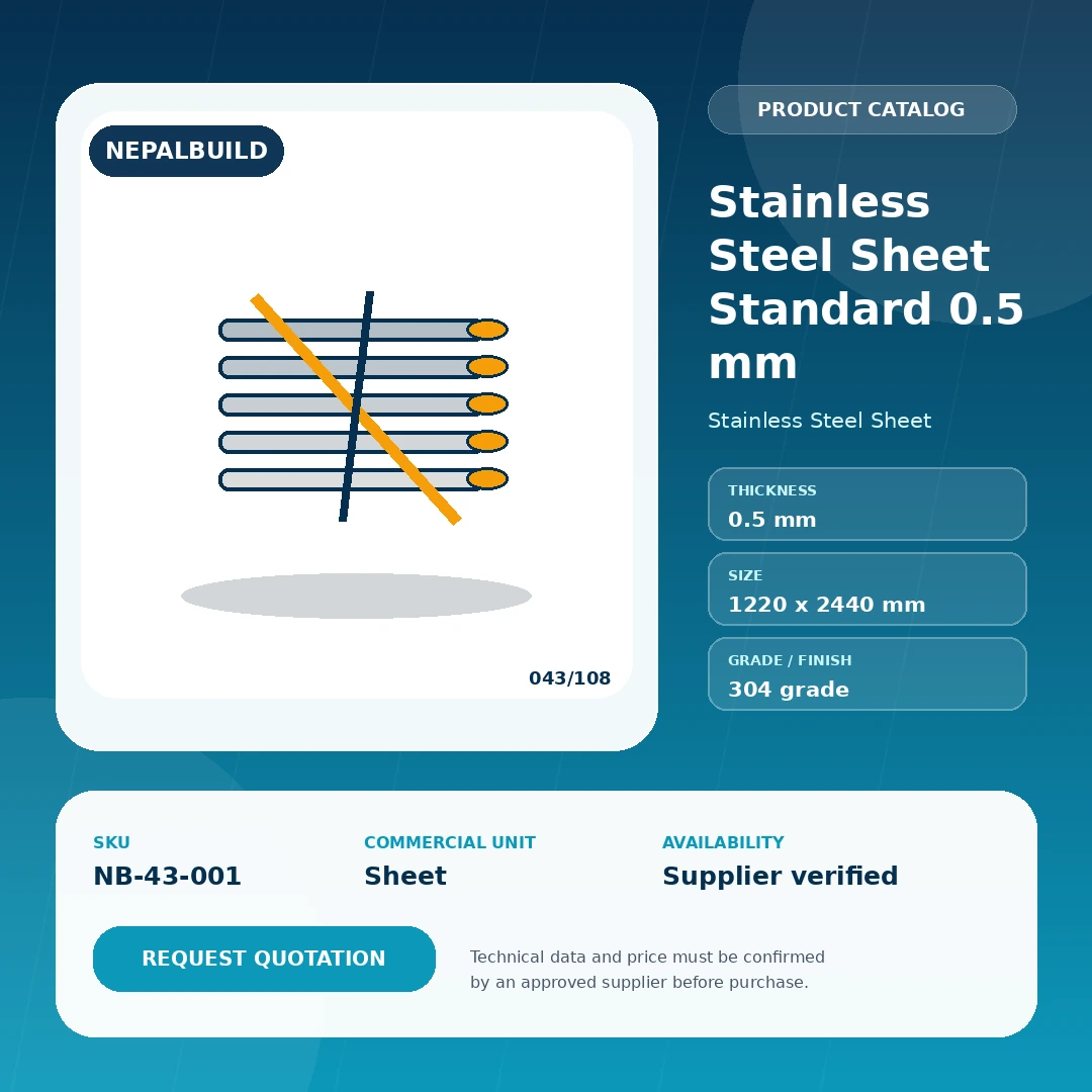Stainless Steel Sheet Standard 0.5 mm product information card for Nepal construction procurement