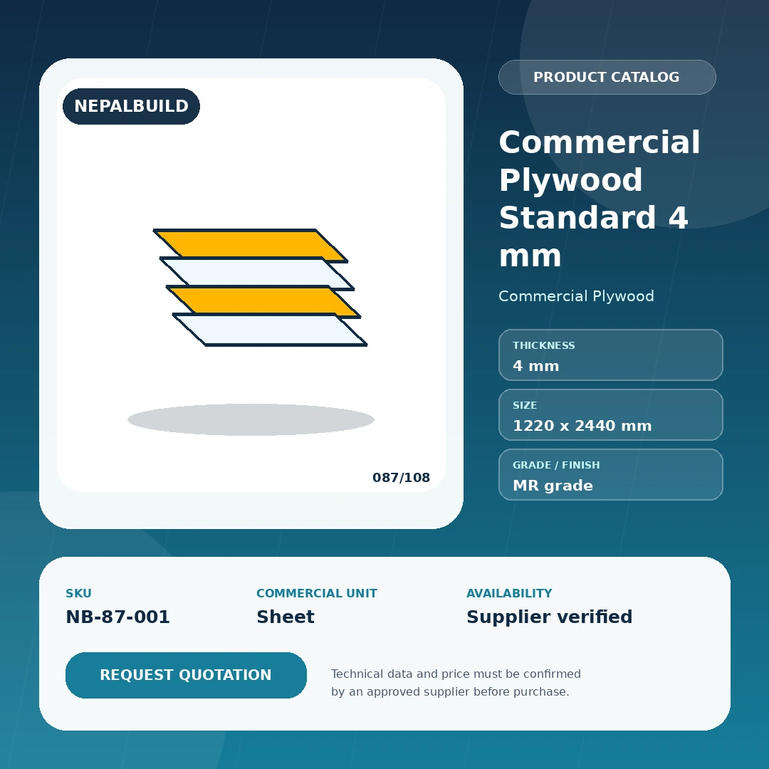 Commercial Plywood Standard 4 mm product information card for Nepal construction procurement