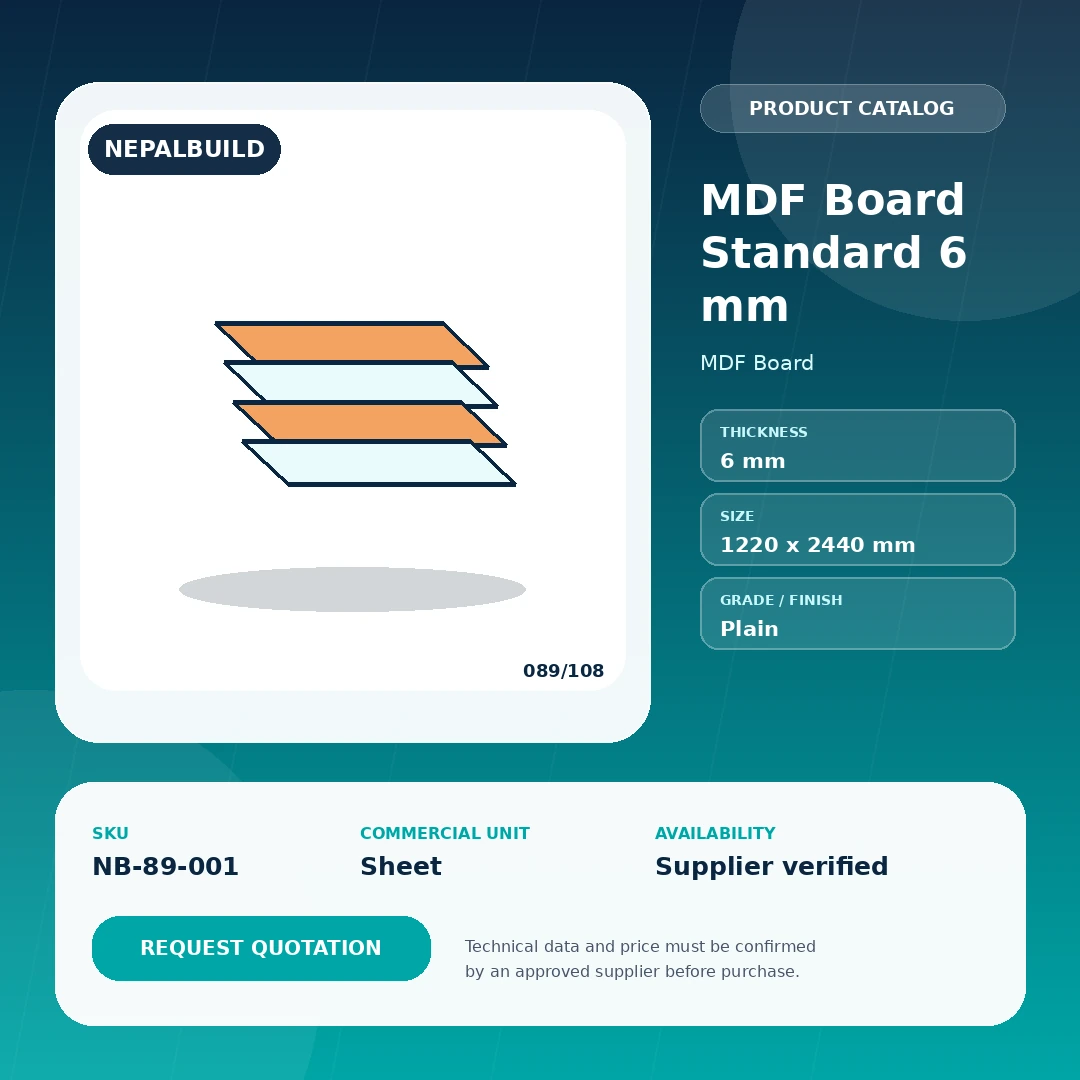 MDF Board Standard 6 mm by NepalBuild Catalog Reference, MDF Board construction product