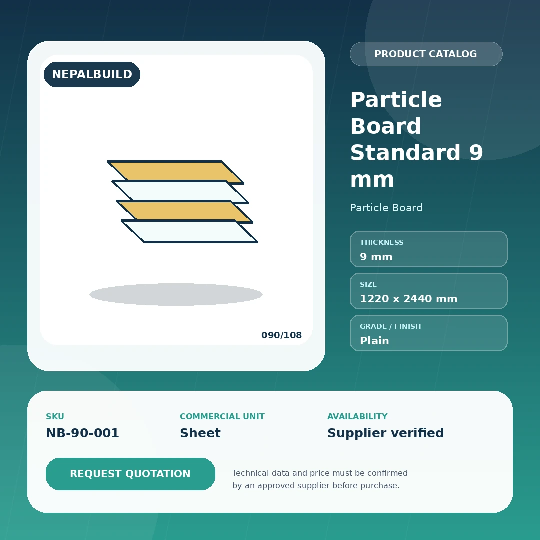 Particle Board Standard 9 mm product information card for Nepal construction procurement