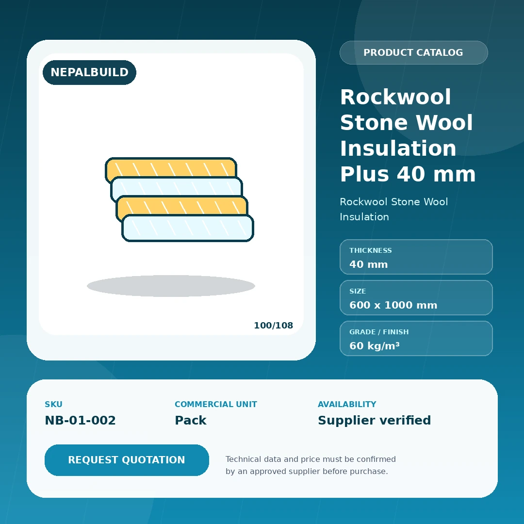 Rockwool Stone Wool Insulation Plus 40 mm product information card for Nepal construction procurement