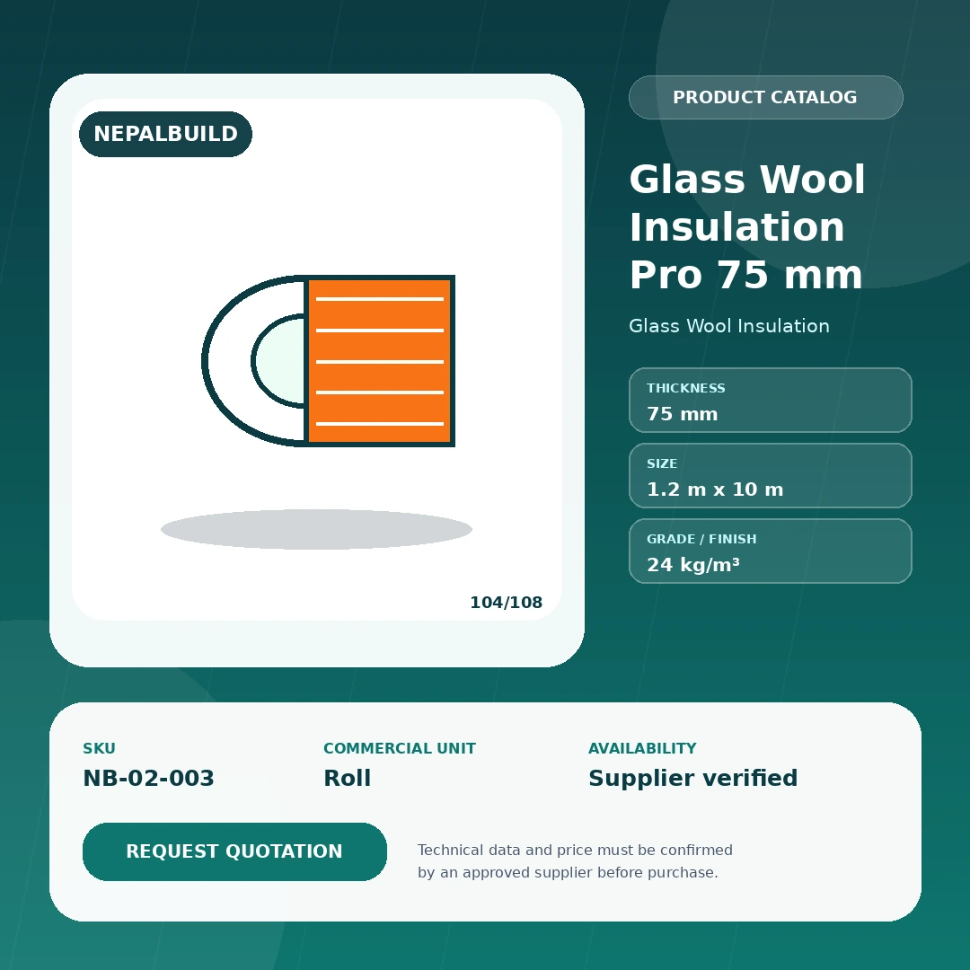 Glass Wool Insulation Pro 75 mm product information card for Nepal construction procurement
